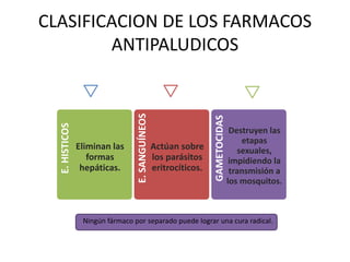 CLASIFICACION DE LOS FARMACOS
ANTIPALUDICOS
E.SANGUÍNEOS Actúan sobre
los parásitos
eritrocíticos.
E.HISTICOS
Eliminan las
formas
hepáticas.
GAMETOCIDAS
Destruyen las
etapas
sexuales,
impidiendo la
transmisión a
los mosquitos.
Ningún fármaco por separado puede lograr una cura radical.
 