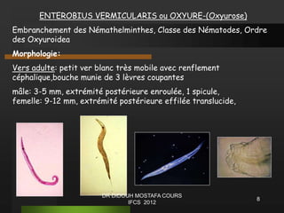 ENTEROBIUS VERMICULARIS ou OXYURE-(Oxyurose)
Embranchement des Némathelminthes, Classe des Nématodes, Ordre
des Oxyuroidea
Morphologie:
Vers adulte: petit ver blanc très mobile avec renflement
céphalique,bouche munie de 3 lèvres coupantes
mâle: 3-5 mm, extrémité postérieure enroulée, 1 spicule,
femelle: 9-12 mm, extrémité postérieure effilée translucide,
8
DR DIDOUH MOSTAFA COURS
IFCS 2012
 