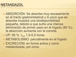METANDAZOL

 ABSORCIÓN: Se absorbe muy escasamente
  en el tracto gastrointestinal y lo poco que se
  absorbe muestra una biodisponibilidad
  pequeña, debido a que sufre una intensa
  eliminación de primer paso en el hígado (80 %);
  la absorción aumenta con la comida.
 UP: 95 %. t1/2: 1,5-5,5 horas
 METABOLISMO: parcialmente en el hígado
 EXCRECIÓN: en forma activa y como
  metabolizada, por orina.
 