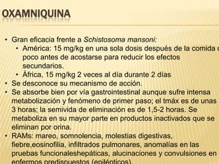 OXAMNIQUINA

• Gran eficacia frente a Schistosoma mansoni:
    • América: 15 mg/kg en una sola dosis después de la comida o
      poco antes de acostarse para reducir los efectos
      secundarios.
    • África, 15 mg/kg 2 veces al día durante 2 días
• Se desconoce su mecanismo de acción.
• Se absorbe bien por vía gastrointestinal aunque sufre intensa
  metabolización y fenómeno de primer paso; el tmáx es de unas
  3 horas; la semivida de eliminación es de 1,5-2 horas. Se
  metaboliza en su mayor parte en productos inactivados que se
  eliminan por orina.
• RAMs: mareo, somnolencia, molestias digestivas,
  fiebre,eosinofilia, infiltrados pulmonares, anomalías en las
  pruebas funcionaleshepáticas, alucinaciones y convulsiones en
 