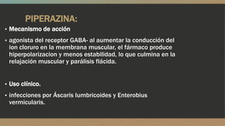 PIPERAZINA:
▪ Mecanismo de acción
▪ agonista del receptor GABA- al aumentar la conducción del
 ion cloruro en la membrana muscular, el fármaco produce
 hiperpolarizacion y menos estabilidad, lo que culmina en la
 relajación muscular y parálisis flácida.


▪ Uso clínico.
▪ infecciones por Áscaris lumbricoides y Enterobius
 vermicularis.
 