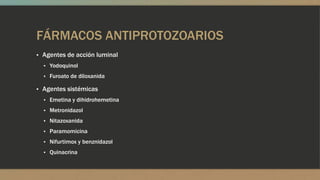 FÁRMACOS ANTIPROTOZOARIOS
▪ Agentes de acción luminal
  ▪ Yodoquinol
  ▪ Furoato de diloxanida

▪ Agentes sistémicas
  ▪ Emetina y dihidrohemetina
  ▪ Metronidazol
  ▪ Nitazoxanida
  ▪ Paramomicina
  ▪ Nifurtimox y benznidazol
  ▪ Quinacrina
 