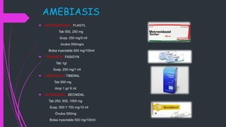 AMEBIASIS
 METRONIDAZOL: FLAGYL
Tab 500, 250 mg
Susp. 250 mg/5 ml
óvulos 500mgrs
Bolsa inyectable 500 mg/100ml
 TINIDAZOL: FASIGYN
Tab 1gr
Susp. 200 mg/1 ml
 ORNIDAZOL: TIBERAL
Tab 500 mg
Amp 1 gr/ 6 ml
 SECNIDAZOL: SECNIDAL
Tab 250, 500, 1000 mg
Susp. 500 Y 750 mg/15 ml
Óvulos 500mg
Bolsa inyectable 500 mg/100ml
 