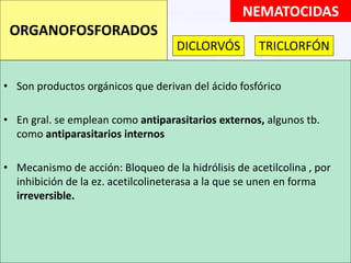 NEMATOCIDAS
• Son productos orgánicos que derivan del ácido fosfórico
• En gral. se emplean como antiparasitarios externos, algunos tb.
como antiparasitarios internos
• Mecanismo de acción: Bloqueo de la hidrólisis de acetilcolina , por
inhibición de la ez. acetilcolineterasa a la que se unen en forma
irreversible.
ORGANOFOSFORADOS
DICLORVÓS TRICLORFÓN
 
