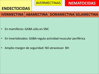 NEMATOCIDAS
• En mamíferos: GABA sólo en SNC
• En invertebrados: GABA regula actividad muscular periférica
• Amplio margen de seguridad: NO atraviesan BH
ENDECTOCIDAS
AVERMECTINAS
IVERMECTINA ABAMECTINA DORAMECTINA SELAMECTINA
 