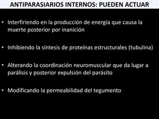 • Interfiriendo en la producción de energía que causa la
muerte posterior por inanición
• Inhibiendo la síntesis de proteínas estructurales (tubulina)
• Alterando la coordinación neuromuscular que da lugar a
parálisis y posterior expulsión del parásito
• Modificando la permeabilidad del tegumento
ANTIPARASIARIOS INTERNOS: PUEDEN ACTUAR
 