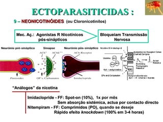EECCTTOOPPAARRAASSIITTIICCIIDDAASS :: 
99 –– NNEEOONNIICCOOTTIINNÓÓIIDDEESS (ou Cloronicotinilos) 
MMeecc.. AAçç..:: AAggoonniissttaass RR NNiiccoottíínniiccooss BBllooqquueeiiaamm TTrraannssmmiissssããoo 
ppóóss--ssiinnááppttiiccooss NNeerrvvoossaa 
““AAnnáállooggooss”” ddaa nniiccoottiinnaa 
IImmiiddaacclloopprriiddee -- FFFF:: SSppoott--oonn ((1100%%)),, 1x por mês 
SSeemm aabbssoorrççããoo ssiissttéémmiiccaa,, aaccttuuaa ppoorr ccoonnttaaccttoo ddiirreeccttoo 
NNiitteemmppiirraamm -- FFFF:: CCoommpprriimmiiddooss ((PPOO)),, quando se deseje 
RRááppiiddoo eeffeeiittoo kknnoocckkddoowwnn ((110000%% eemm 33--44 hhoorraass)) 
 