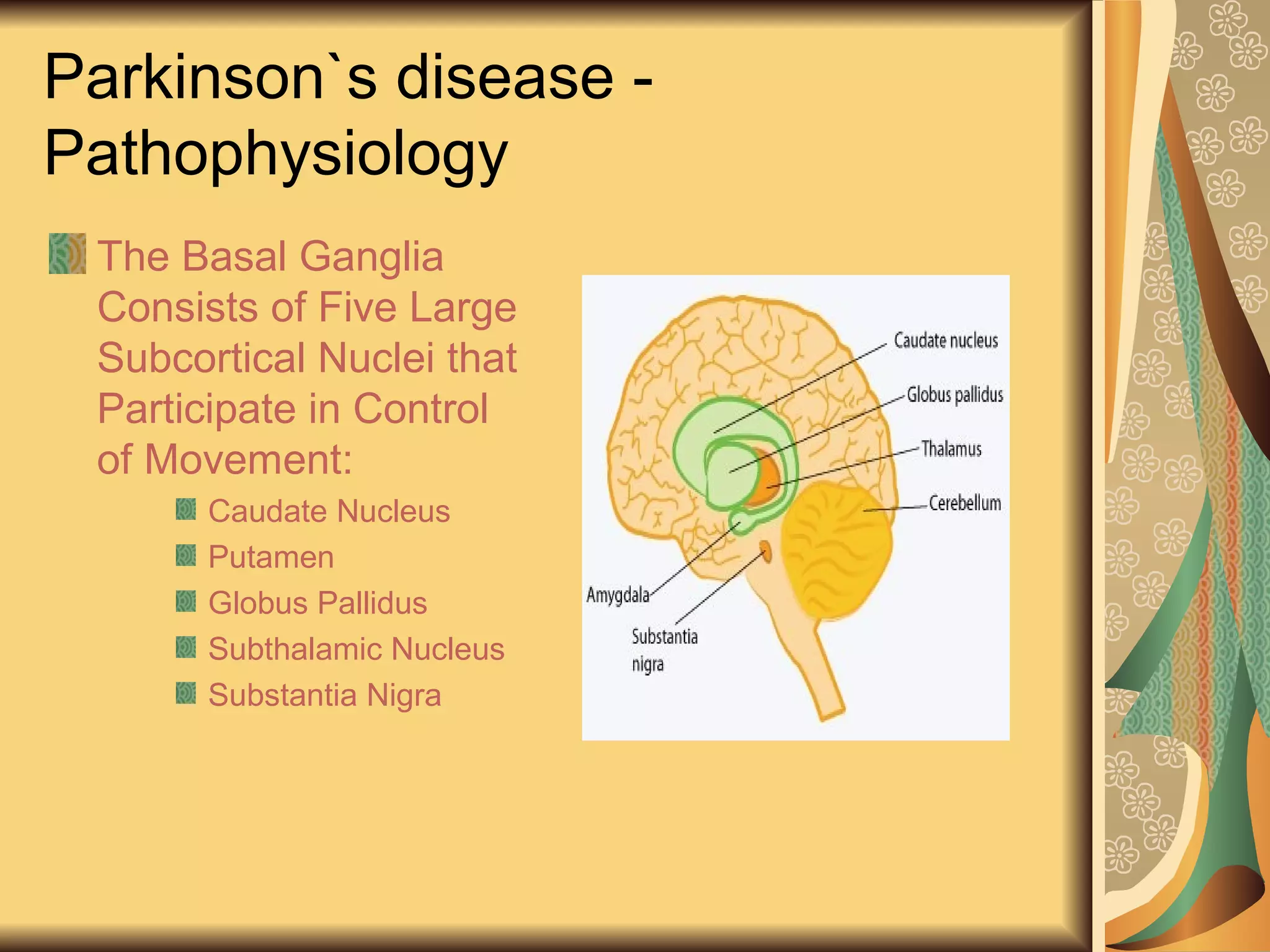Parkinson`s disease -
Pathophysiology
The Basal Ganglia
Consists of Five Large
Subcortical Nuclei that
Participate in Control
of Movement:
Caudate Nucleus
Putamen
Globus Pallidus
Subthalamic Nucleus
Substantia Nigra
 