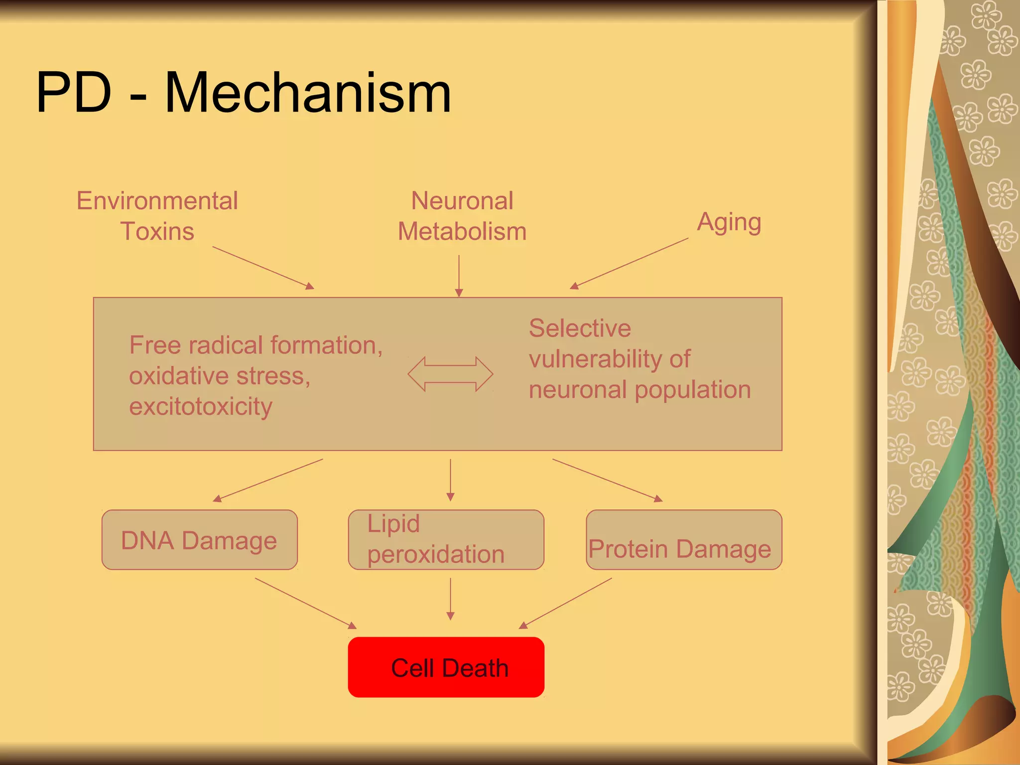 PD - Mechanism
Environmental
Toxins
Neuronal
Metabolism Aging
Free radical formation,
oxidative stress,
excitotoxicity
Selective
vulnerability of
neuronal population
DNA Damage
Lipid
peroxidation Protein Damage
Cell Death
 