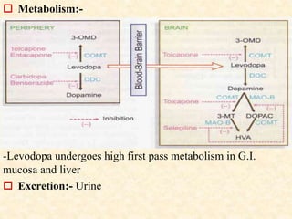  Metabolism:-
-Levodopa undergoes high first pass metabolism in G.I.
mucosa and liver
 Excretion:- Urine
 