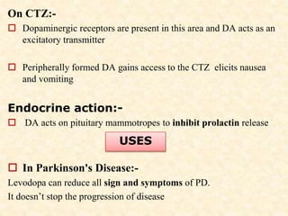 On CTZ:-
 Dopaminergic receptors are present in this area and DA acts as an
excitatory transmitter
 Peripherally formed DA gains access to the CTZ elicits nausea
and vomiting
Endocrine action:-
 DA acts on pituitary mammotropes to inhibit prolactin release
 In Parkinson's Disease:-
Levodopa can reduce all sign and symptoms of PD.
It doesn’t stop the progression of disease
USES
 