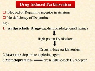  Blocked of Dopamine receptor in striatum
 No deficiency of Dopamine
Eg.-
1. Antipsychotic Drugs-e.g.-haloperidol,phenothiazines
High potent D2 blockers
Drugs induce parkinsonism
2.Reserpine-dopamine depleting agent
3.Metoclopramide- cross BBB-block D2 receptor
Drug Induced Parkinsonism
 