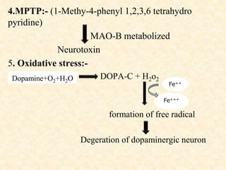 4.MPTP:- (1-Methy-4-phenyl 1,2,3,6 tetrahydro
pyridine)
MAO-B metabolized
Neurotoxin
5. Oxidative stress:-
DOPA-C + H2o2
formation of free radical
Degeration of dopaminergic neuron
Fe++
Fe+++
Dopamine+O2+H2O
 
