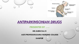ANTIPARKINSONIAN DRUGS
PRESENTED BY …..
MR.SUBIN RAJ R
ASST.PROFESSOR,RAMA NURSING COLLEGE
KANPUR
 