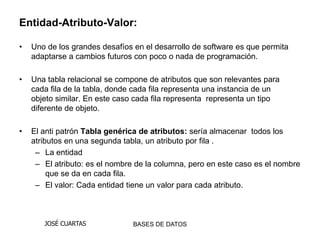 Entidad-Atributo-Valor:

•   Uno de los grandes desafíos en el desarrollo de software es que permita
    adaptarse a cambios futuros con poco o nada de programación.

•   Una tabla relacional se compone de atributos que son relevantes para
    cada fila de la tabla, donde cada fila representa una instancia de un
    objeto similar. En este caso cada fila representa representa un tipo
    diferente de objeto.

•   El anti patrón Tabla genérica de atributos: sería almacenar todos los
    atributos en una segunda tabla, un atributo por fila .
     – La entidad
     – El atributo: es el nombre de la columna, pero en este caso es el nombre
         que se da en cada fila.
     – El valor: Cada entidad tiene un valor para cada atributo.



       JOSÉ CUARTAS             BASES DE DATOS
 