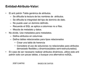 Entidad-Atributo-Valor:

•   El anti patrón Tabla genérica de atributos.
     – Se dificulta la lectura de los nombres de atributos.
     – Se dificulta la integridad del tipo de dominio de dato.
     – No puede usar un dominio definido.
     – Recuerde el SQL se aplica a columnas no a filas.
     – Mezcla de metadato y datos.
•   No olvide, Use metadatos para metadatos.
     – Defina atributos en columnas
     – Defina tablas relacionadas para tipos relacionados
          • Crear una tabla de herencia
          • Considere el uso de soluciones no relacionales para atributos
             demasiado flexibles y dinamicos(datos semi-estructurados).
•   En caso de ser necesario realizar atributos dinámicos, utilice este anti
    patrón solo con pocas tablas, o busque una alternativa noSQL.


       JOSÉ CUARTAS              BASES DE DATOS
 