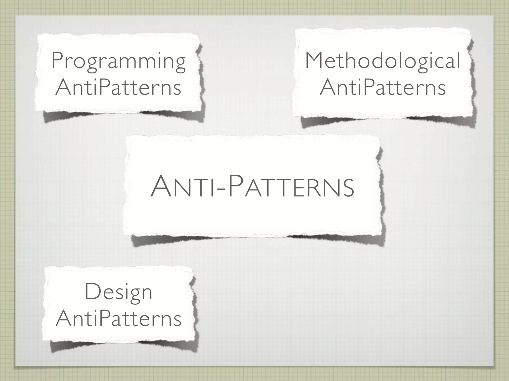 Programming          Methodological
AntiPatterns          AntiPatterns


           Organizational
         A NTI -P ATTERNS
            AntiPatterns



  Design
AntiPatterns
 