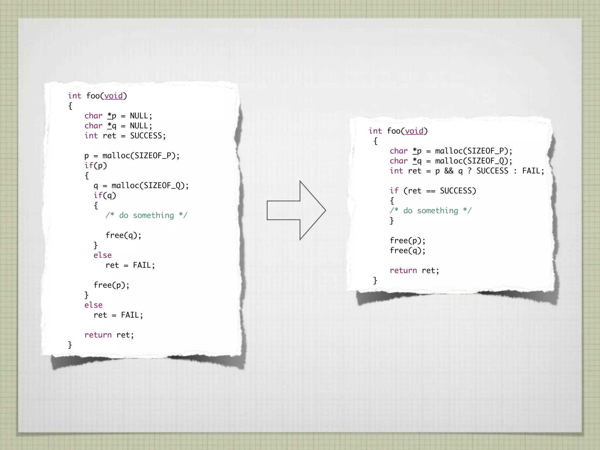 int foo(void)
	     {
	   	     char *p = NULL;
	   	     char *q = NULL;
                                   	   int     foo(void)
	   	     int ret = SUCCESS;
                                   	     {
                                   	   	       char *p = malloc(SIZEOF_P);
	   	    p = malloc(SIZEOF_P);
                                   	   	       char *q = malloc(SIZEOF_Q);
	   	    if(p)
                                   	   	       int ret = p && q ? SUCCESS : FAIL;
	   	    {
	   	      q = malloc(SIZEOF_Q);
                                   	   	       if (ret == SUCCESS)
	   	      if(q)
                                   	   	       {
	   	      {
                                   	   	       /* do something */
	   	    	    /* do something */
                                   	   	       }
	   	    	     free(q);
                                   	   	       free(p);
	   	      }
                                   	   	       free(q);
	   	      else
	   	    	    ret = FAIL;
                                   	   	       return ret;
                                   	       }
	   	        free(p);
	   	    }
	   	    else
	   	      ret = FAIL;

	   	    return ret;
	    }
 
