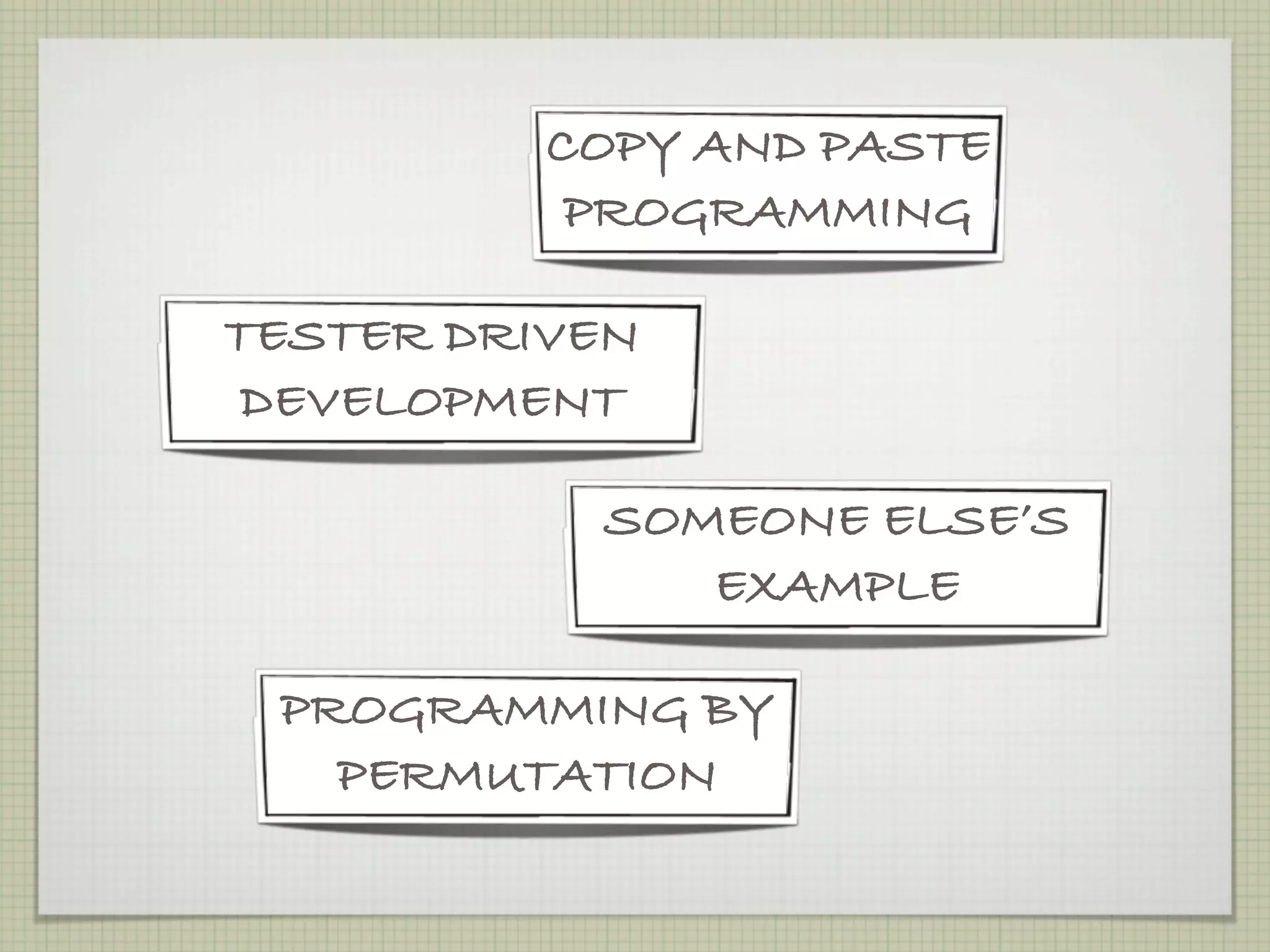 COPY AND PASTE
           PROGRAMMING

TESTER DRIVEN
DEVELOPMENT

           SOMEONE ELSE’S
              EXAMPLE

 PROGRAMMING BY
   PERMUTATION
 