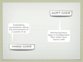 SOFT CODE


    Embedding
assumptions about
the environment of
  a system in its      Storing business
                     logic in conﬁguration
                        ﬁles rather than
                          source code


  HARD CODE
 