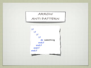 ARROW
ANTI-PATTERN

if
     if
       if
          if
        do something
      endif
    endif
  endif
endif
 
