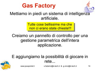 www.javaportal.it s.federici@k-tech.it & g.vinci@k-tech.it 14
Gas Factory
Mettiamo in piedi un sistema di intelligenza
artificiale.
Creiamo un pannello di controllo per una
gestione parametrica dell'intera
applicazione.
E aggiungiamo la possibilità di giocare in
rete...
Tutte cose bellissime ma che
non ci erano state chieste!!!
 