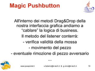 www.javaportal.it s.federici@k-tech.it & g.vinci@k-tech.it 19
Magic Pushbutton
All'interno dei metodi Drag&Drop della
nostra interfaccia grafica andiamo a
“cablare” la logica di business.
Il metodo del listener conterrà:
- verifica validità della mossa
- movimento del pezzo
- eventuale rimozione di pezzo avversario
...
 