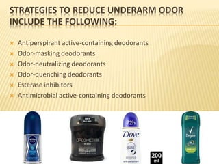 STRATEGIES TO REDUCE UNDERARM ODOR
INCLUDE THE FOLLOWING:
 Antiperspirant active-containing deodorants
 Odor-masking deodorants
 Odor-neutralizing deodorants
 Odor-quenching deodorants
 Esterase inhibitors
 Antimicrobial active-containing deodorants
 