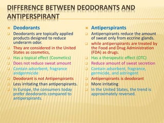 DIFFERENCE BETWEEN DEODORANTS AND
ANTIPERSPIRANT
 Deodorants
 Deodorants are topically applied
products designed to reduce
underarm odor.
 They are considered in the United
States as cosmetics,
 Has a topical effect (Cosmetics)
 Does not reduce sweat amount
 Contain adsorbent, fragrance
andgermicide
 Deodorant is not Antiperspirants
 Less irritating than antiperspirants.
 In Europe, the consumers today
prefer deodorants compared to
antiperspirants.
 Antiperspirants
 Antiperspirants reduce the amount
of sweat only from eccrine glands.
 while antiperspirants are treated by
the Food and Drug Administration
(FDA) as drugs.
 Has a therapeutic effect (OTC)
 Reduce amount of sweat secretion
 Contain adsorbent, fragrance,
germicide, and astringent
 Antiperspirants is deodorant
 More irritating
 In the United States, the trend is
approximately reversed.
 