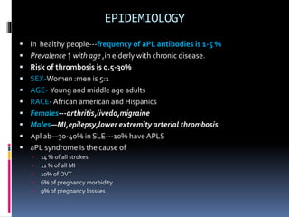 EPIDEMIOLOGY 
 In healthy people---frequency of aPL antibodies is 1-5 % 
 Prevalence ↑ with age ,in elderly with chronic disease. 
 Risk of thrombosis is 0.5-30% 
 SEX-Women :men is 5:1 
 AGE- Young and middle age adults 
 RACE- African american and Hispanics 
 Females---arthritis,livedo,migraine 
 Males—MI,epilepsy,lower extremity arterial thrombosis 
 Apl ab—30-40% in SLE---10% have APLS 
 aPL syndrome is the cause of 
 14 % of all strokes 
 11 % of all MI 
 10% of DVT 
 6% of pregnancy morbidity 
 9% of pregnancy lossses 
 