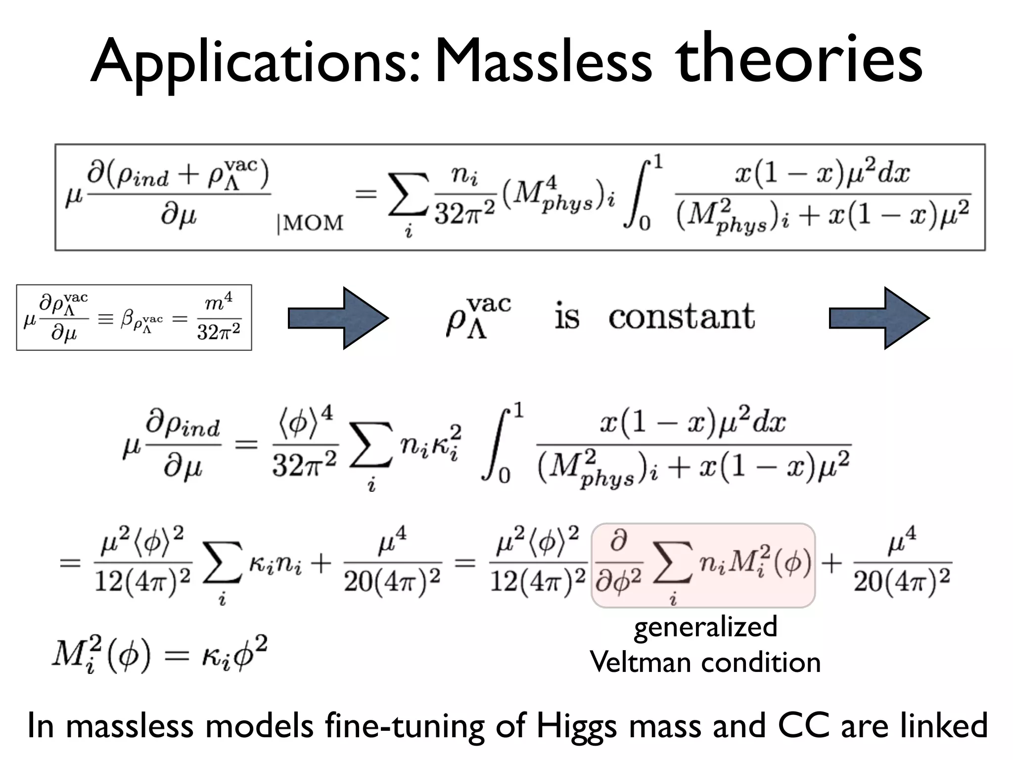 Applications: Massless theories
generalized
Veltman condition
In massless models fine-tuning of Higgs mass and CC are linked
 