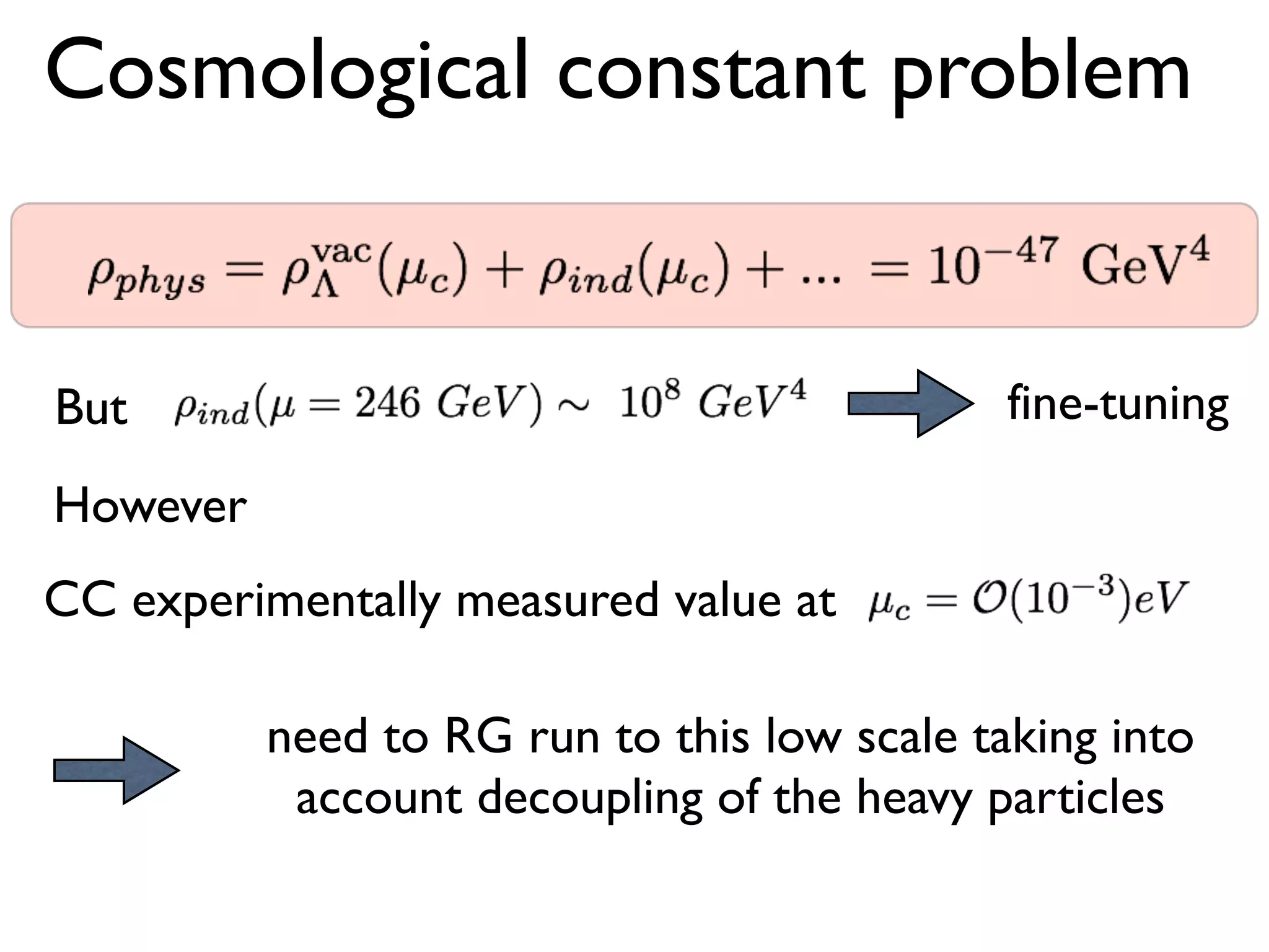 But fine-tuning
However
CC experimentally measured value at
need to RG run to this low scale taking into
account decoupling of the heavy particles
Cosmological constant problem
 