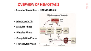 Aditi
Maitra
OVERVIEW OF HEMOSTASIS
• Arrest of blood loss - HAEMOSTASIS
 COMPONENTS:
• Vascular Phase
• Platelet Phase
• Coagulation Phase
• Fibrinolytic Phase
 