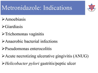 Metronidazole: Indications
Amoebiasis
Giardiasis
Trichomonas vaginitis
Anaerobic bacterial infections
Pseudomonas enterocolitis
Acute necrotizing ulcerative gingivitis (ANUG)
Helicobacter pylori gastritis/peptic ulcer
 