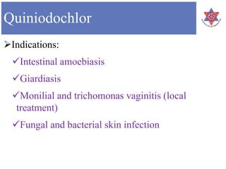 Quiniodochlor
Indications:
Intestinal amoebiasis
Giardiasis
Monilial and trichomonas vaginitis (local
treatment)
Fungal and bacterial skin infection
 