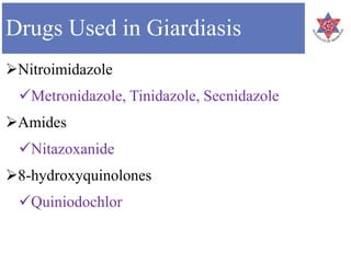 Drugs Used in Giardiasis
Nitroimidazole
Metronidazole, Tinidazole, Secnidazole
Amides
Nitazoxanide
8-hydroxyquinolones
Quiniodochlor
 