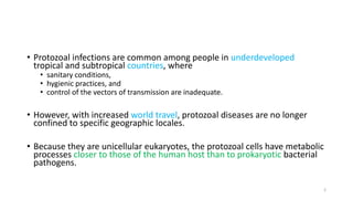• Protozoal infections are common among people in underdeveloped
tropical and subtropical countries, where
• sanitary conditions,
• hygienic practices, and
• control of the vectors of transmission are inadequate.
• However, with increased world travel, protozoal diseases are no longer
confined to specific geographic locales.
• Because they are unicellular eukaryotes, the protozoal cells have metabolic
processes closer to those of the human host than to prokaryotic bacterial
pathogens.
2
 