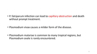 • P. falciparum infection can lead to capillary obstruction and death
without prompt treatment.
• Plasmodium vivax causes a milder form of the disease.
• Plasmodium malariae is common to many tropical regions, but
Plasmodium ovale is rarely encountered.
22
 