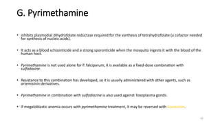 G. Pyrimethamine
• inhibits plasmodial dihydrofolate reductase required for the synthesis of tetrahydrofolate (a cofactor needed
for synthesis of nucleic acids).
• It acts as a blood schizonticide and a strong sporonticide when the mosquito ingests it with the blood of the
human host.
• Pyrimethamine is not used alone for P. falciparum; it is available as a fixed-dose combination with
sulfadoxine.
• Resistance to this combination has developed, so it is usually administered with other agents, such as
artemisinin derivatives.
• Pyrimethamine in combination with sulfadiazine is also used against Toxoplasma gondii.
• If megaloblastic anemia occurs with pyrimethamine treatment, it may be reversed with leucovorin.
43
 