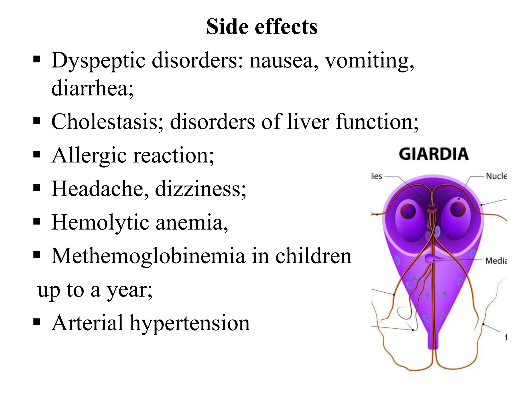 Side effects
 Dyspeptic disorders: nausea, vomiting,
diarrhea;
 Cholestasis; disorders of liver function;
 Allergic reaction;
 Headache, dizziness;
 Hemolytic anemia,
 Methemoglobinemia in children
up to a year;
 Arterial hypertension
 