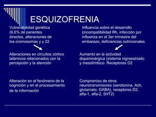 ESQUIZOFRENIA
Vulnerabilidad genética              Influencia sobre el desarrollo
(6.6% de parientes                   (incompatibilidad Rh, infección por
directos, alteraciones de            influenza en el 3er trimestre del
los cromosomas y y 22                embarazo, deficiencias nutricionales


Alteraciones en circuitos córtico   Aumento en la actividad
talámicos relacionados con la       dopaminérgica (sistema nigroestriado
percepción y la atención            y mesolímbico. Receptores D2



Alteración en el fenómeno de la     Compromiso de otros
cognición y en el procesamiento     neurotransmisores (serotonina, Ach,
de la información                   glutamato, GABA), receptores D2,
                                    alfa-1, alfa-2, 5HT2)
 