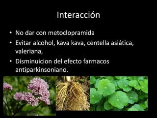 Interacción
• No dar con metoclopramida
• Evitar alcohol, kava kava, centella asiática,
valeriana,
• Disminuicion del efecto farmacos
antiparkinsoniano.
 