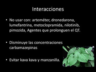 Interacciones
• No usar con: arteméter, dronedarona,
lumefantrina, metoclopramida, nilotinib,
pimozida, Agentes que prolonguen el QT.
• Disminuye las concentraciones
carbamazepinas
• Evitar kava kava y manzanilla.
 