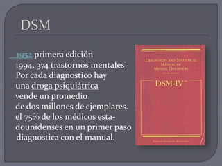 1952 primera edición
1994, 374 trastornos mentales
Por cada diagnostico hay
una droga psiquiátrica
vende un promedio
de dos millones de ejemplares.
el 75% de los médicos esta-
dounidenses en un primer paso
diagnostica con el manual.
 