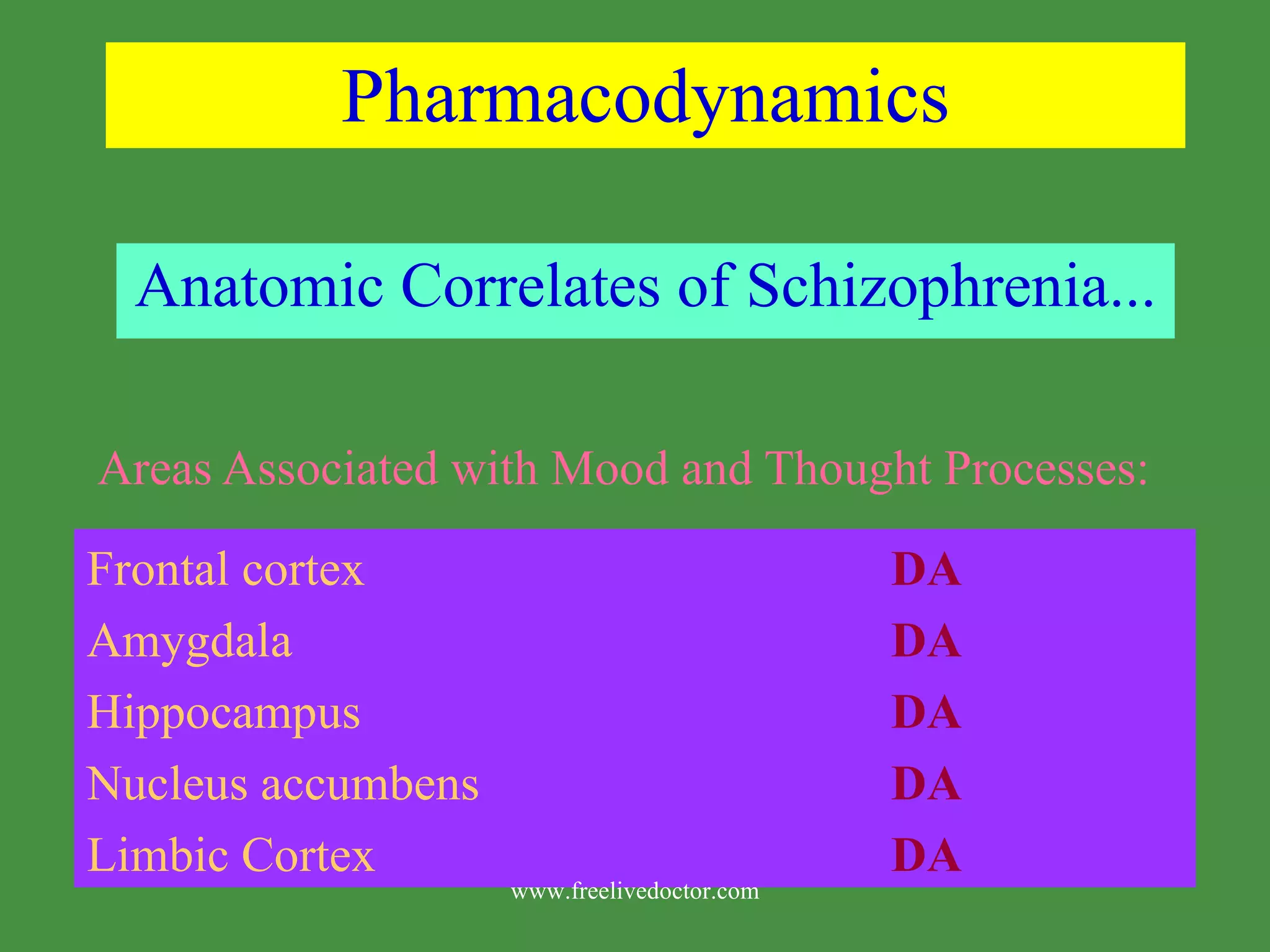 Pharmacodynamics Anatomic Correlates of Schizophrenia... Areas Associated with Mood and Thought Processes: Frontal cortex Amygdala Hippocampus Nucleus accumbens Limbic Cortex DA DA DA DA DA www.freelivedoctor.com