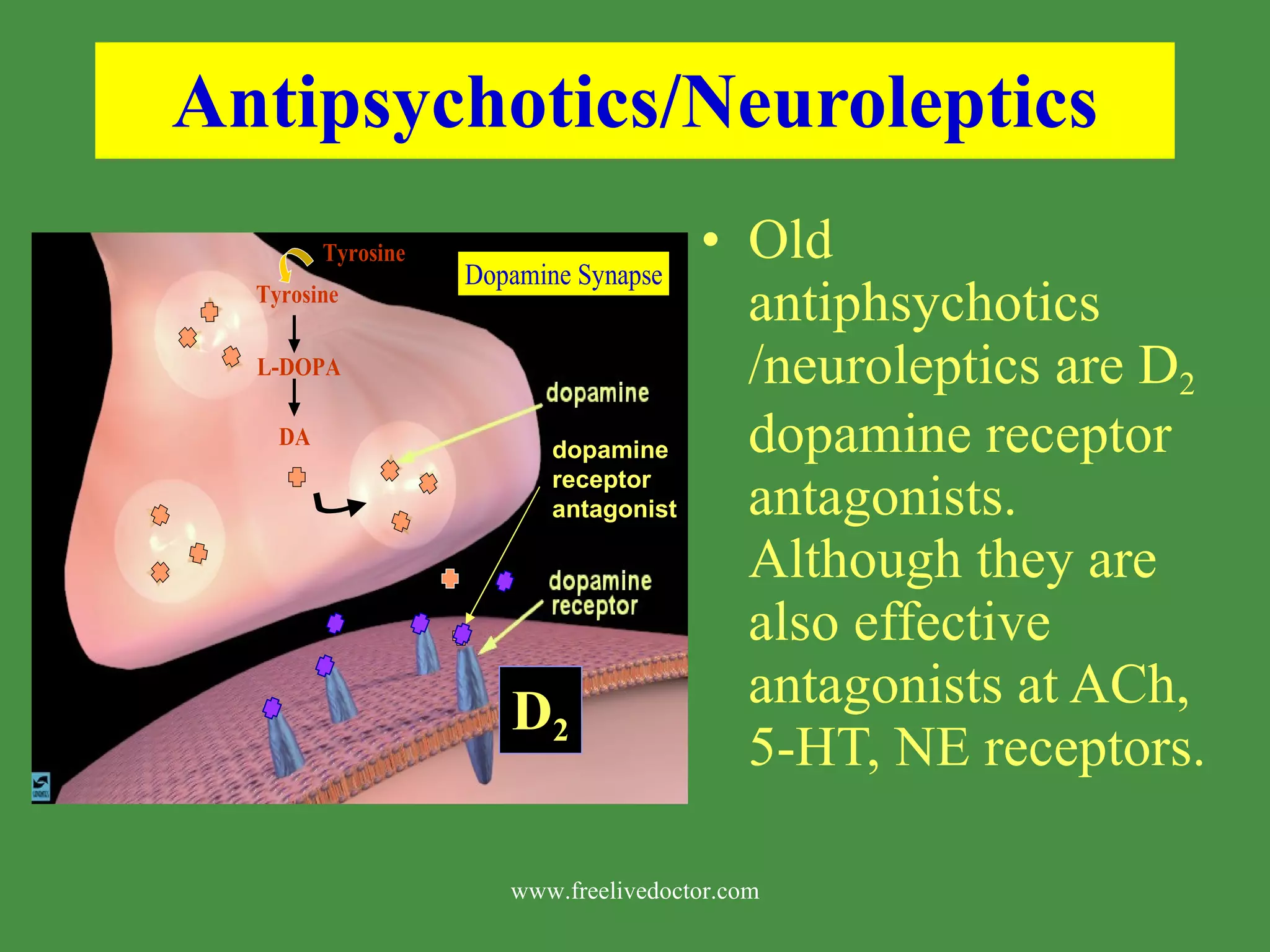 Antipsychotics/Neuroleptics Old antiphsychotics /neuroleptics are D 2 dopamine receptor antagonists. Although they are also effective antagonists at ACh, 5-HT, NE receptors. dopamine receptor antagonist D 2 www.freelivedoctor.com
