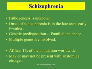 Schizophrenia Pathogenesis is unknown. Onset of schizophrenia is in the late teens early twenties. Genetic predisposition -- Familial incidence.  Multiple genes are involved. Afflicts 1% of the population worldwide. May or may not be present with anatomical changes. www.freelivedoctor.com 