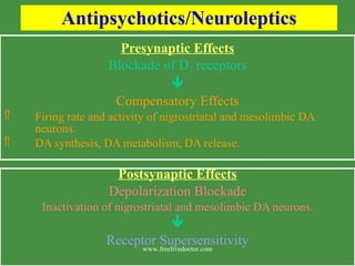 Antipsychotics/Neuroleptics Presynaptic Effects Blockade of D 2  receptors  Compensatory Effects Firing rate and activity of nigrostriatal and mesolimbic DA neurons. DA synthesis, DA metabolism, DA release. Postsynaptic Effects Depolarization Blockade Inactivation of nigrostriatal and mesolimbic DA neurons.  Receptor Supersensitivity www.freelivedoctor.com 