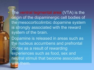 • The ventral tegmental area (VTA) is the
origin of the dopaminergic cell bodies of
the mesocorticolimbic dopamine system
is strongly associated with the reward
system of the brain.
• Dopamine is released in areas such as
the nucleus accumbens and prefrontal
cortex as a result of rewarding
experiences such as food, sex and
neutral stimuli that become associated
with them.
 