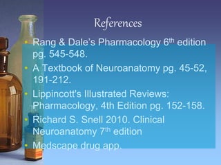 References
• Rang & Dale’s Pharmacology 6th edition
pg. 545-548.
• A Textbook of Neuroanatomy pg. 45-52,
191-212.
• Lippincott's Illustrated Reviews:
Pharmacology, 4th Edition pg. 152-158.
• Richard S. Snell 2010. Clinical
Neuroanatomy 7th edition
• Medscape drug app.
 